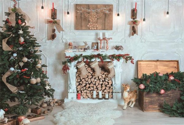 Toile de fond décors de plancher de bois de Noël de cheminée blanche Schn?ppchen